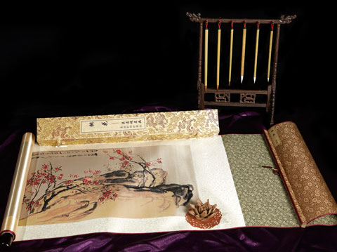 丝绸画-真丝平面织锦桃花园立轴画
